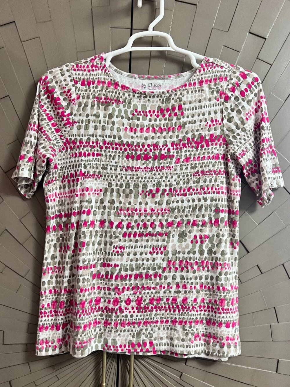 Chico's 100% Cotton Pink Olive White Elbow Sleeve Tee T-Shirt Top Size 2 Large